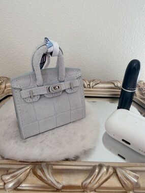 Grey Suede Leather Mini Bag Charm • Croc Texture • Luxury Aesthetic